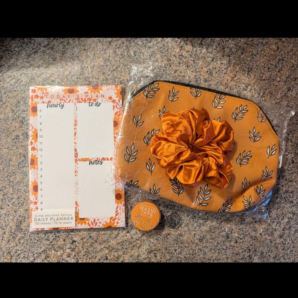 Orange Floral Cosmetic Bag with Accessories